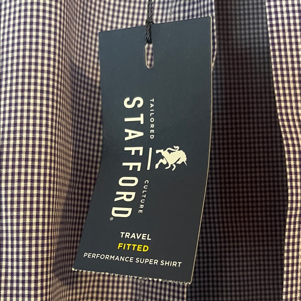 NWT Stafford Men's Fitted Blue and White Checkered Button Down Shirt 15 32-33 - Picture 2 of 7